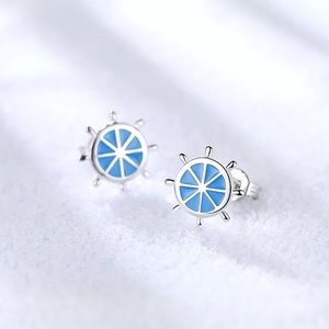 New Sterling Silver 925 Blue Nautical Wheel Stud Earrings set